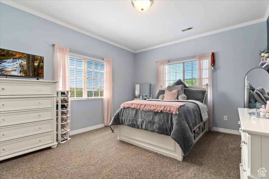 Bedroom featuring visible vents, baseboards, crown molding, and dark colored carpet