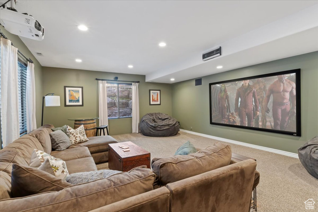 Home theater featuring carpet floors, recessed lighting, and baseboards