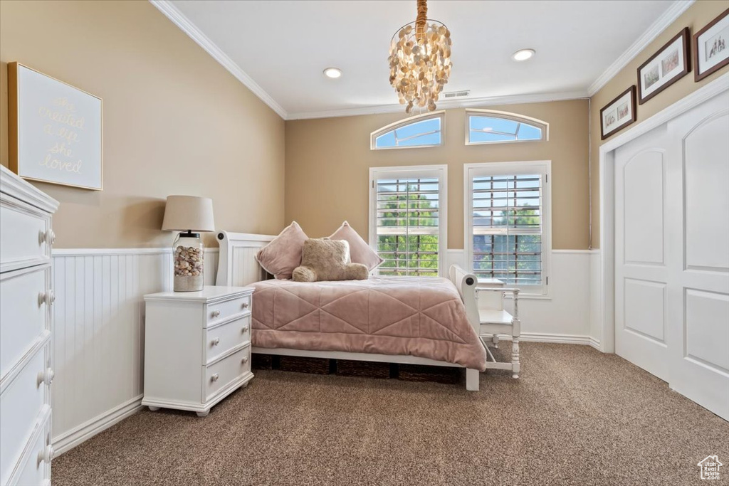 Bedroom with crown molding, wainscoting, and dark colored carpet