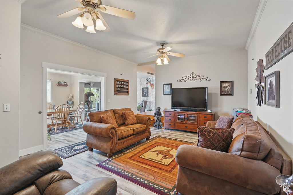 Living room with crown molding, light wood finished floors, and ceiling fan