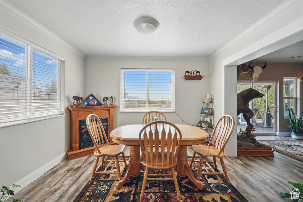 Dining area with ornamental molding, wood finished floors, and a wealth of natural light