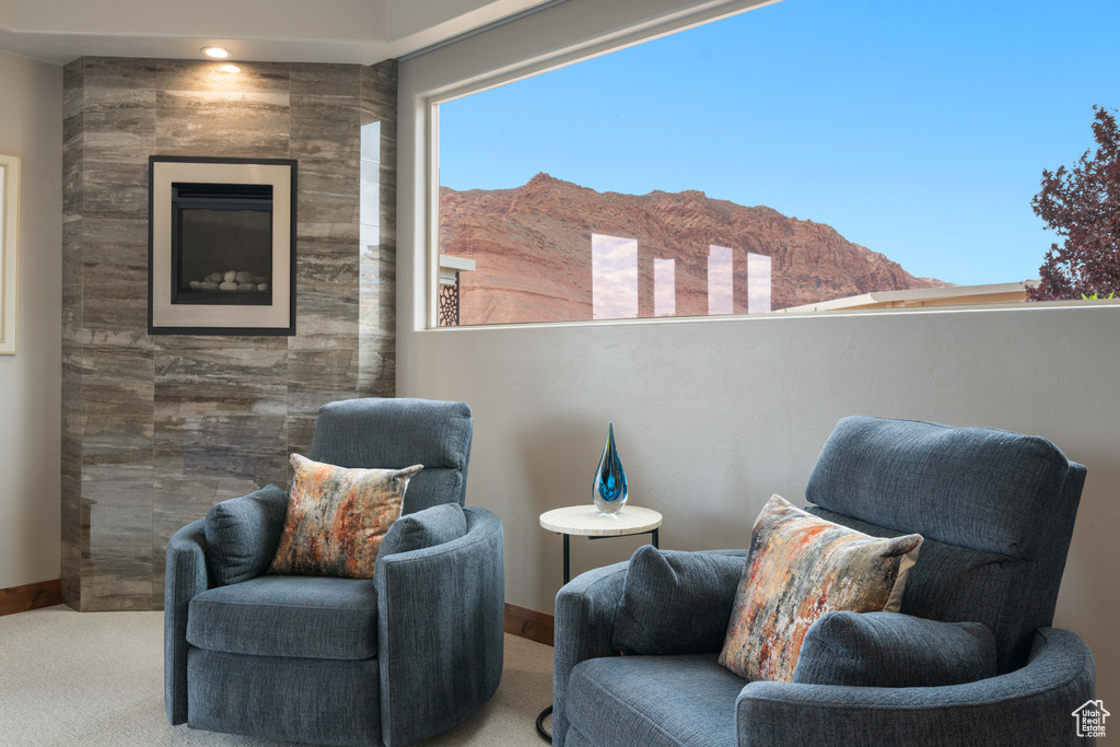 Living area with baseboards, a mountain view, and carpet