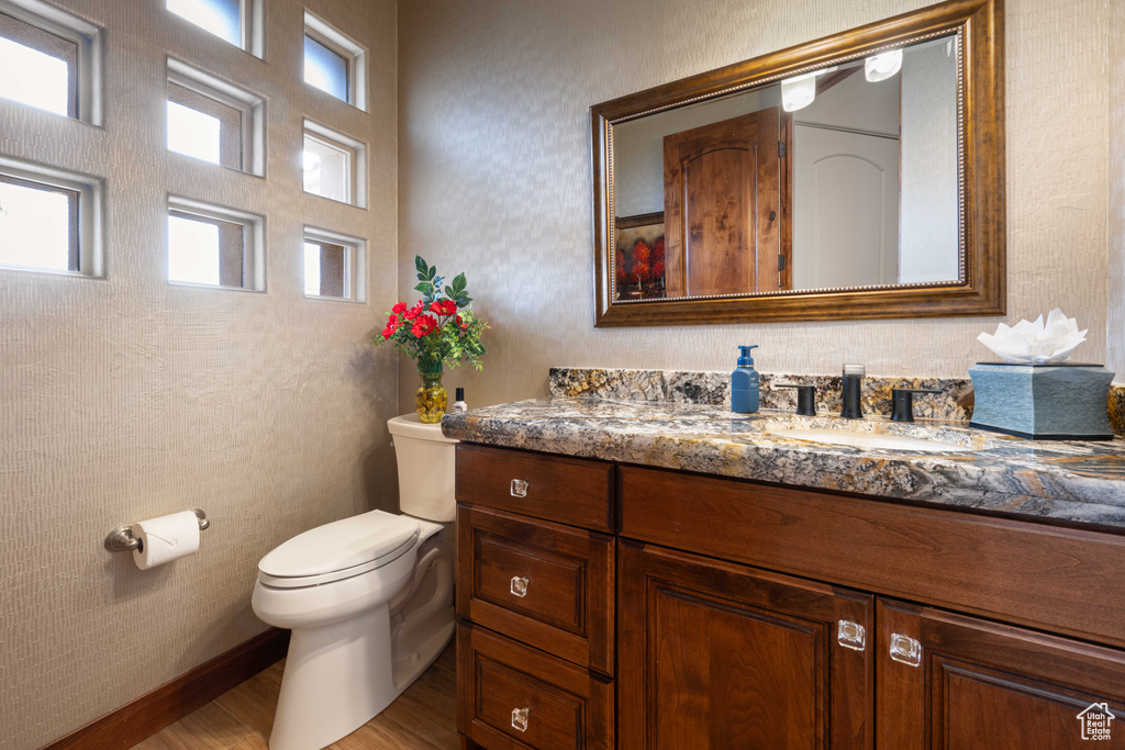 Half bathroom with vanity, wood finished floors, and toilet