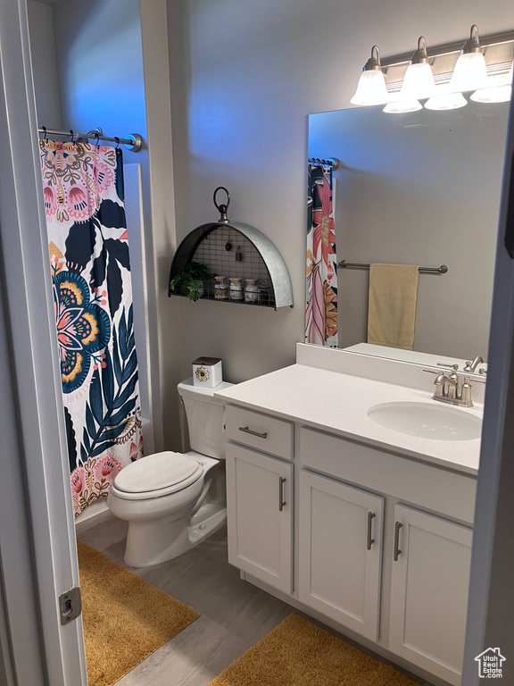 Full bath with toilet, curtained shower, and vanity