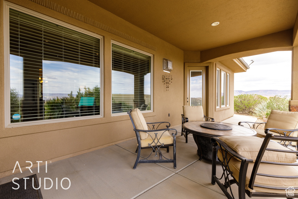 View of patio / terrace featuring a mountain view