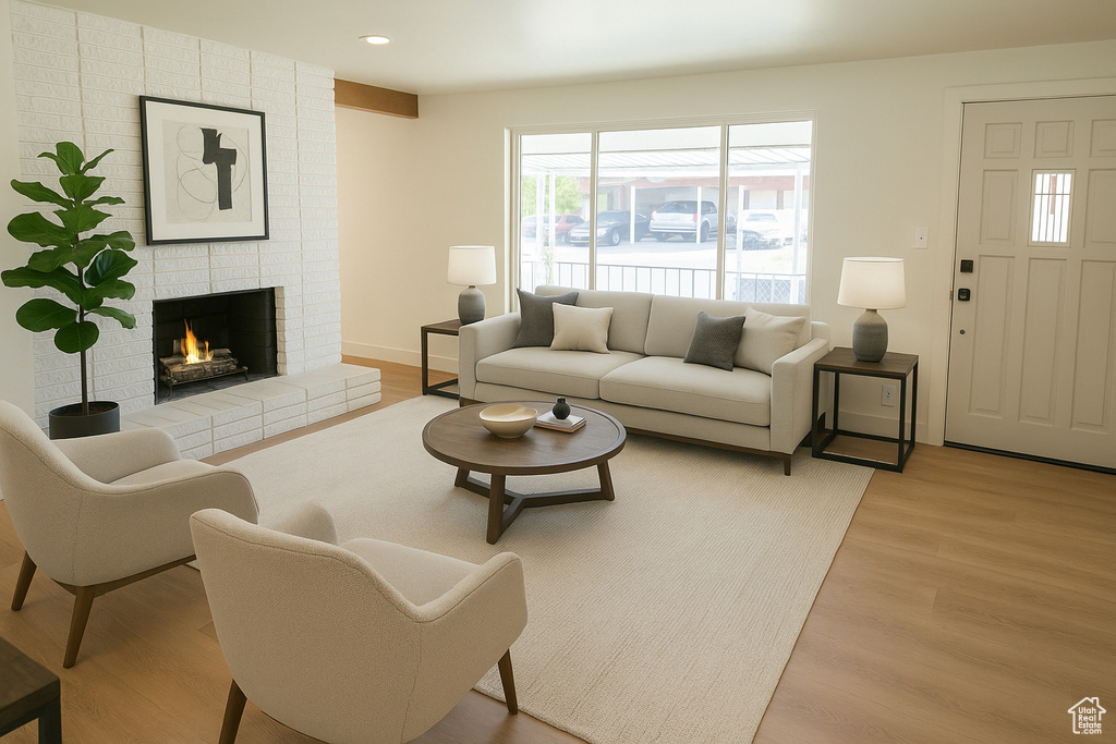 Living room with recessed lighting, light wood-style flooring, and a fireplace