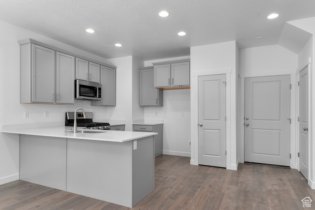 Kitchen featuring a peninsula, wood finished floors, baseboards, appliances with stainless steel finishes, and gray cabinetry