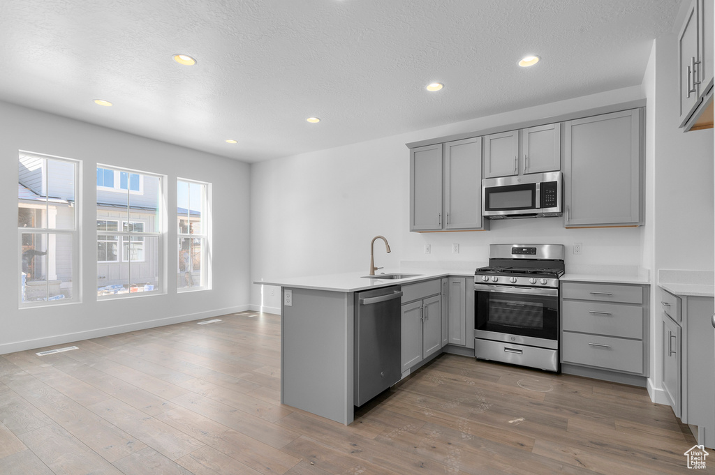 Kitchen with appliances with stainless steel finishes, gray cabinetry, a sink, a peninsula, and recessed lighting