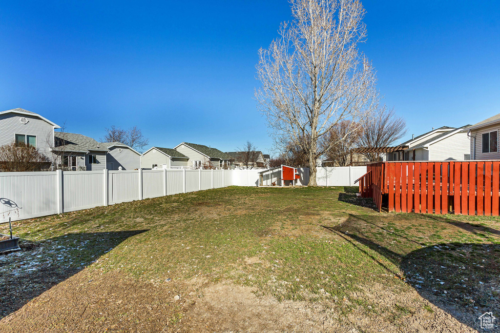 View of yard with a fenced backyard and a residential view