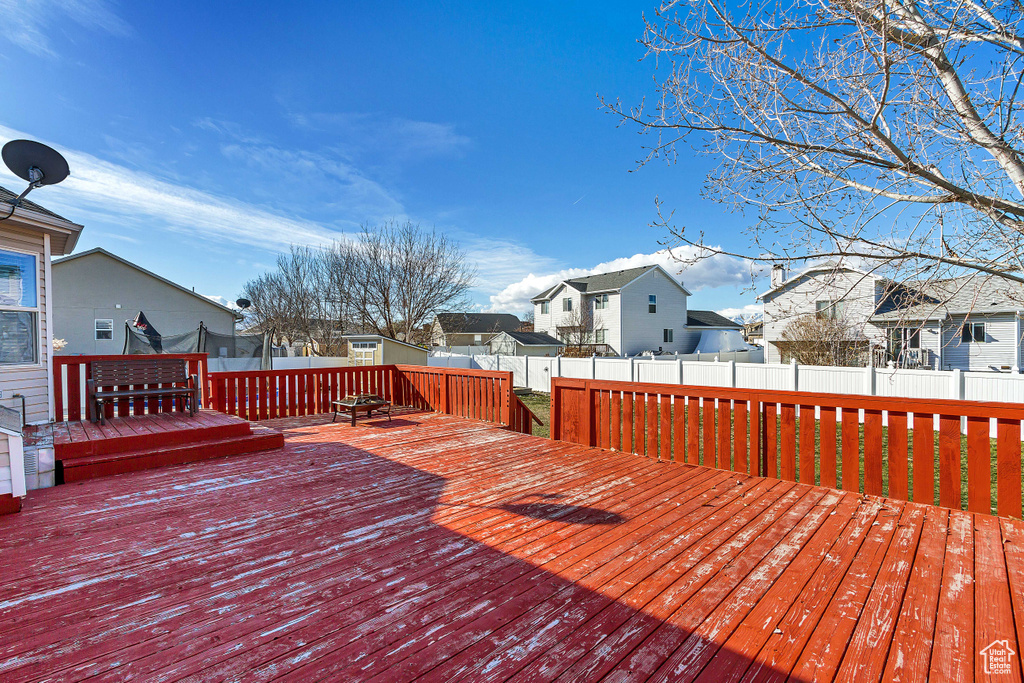 Wooden deck with a residential view and a fenced backyard