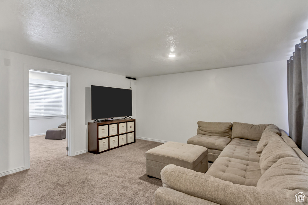 Living room with baseboards and light colored carpet