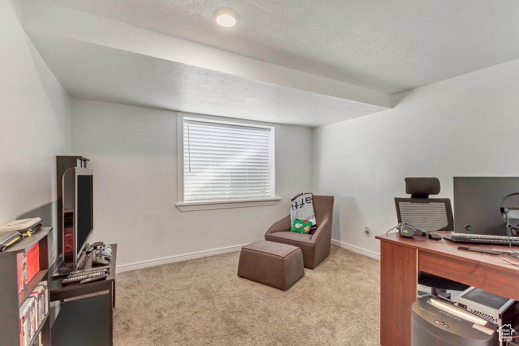 Carpeted office space with baseboards