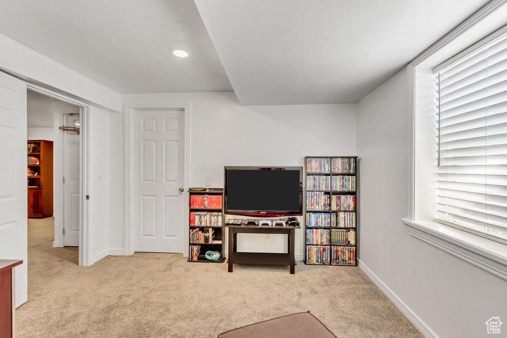 Living area with baseboards, carpet flooring, and recessed lighting
