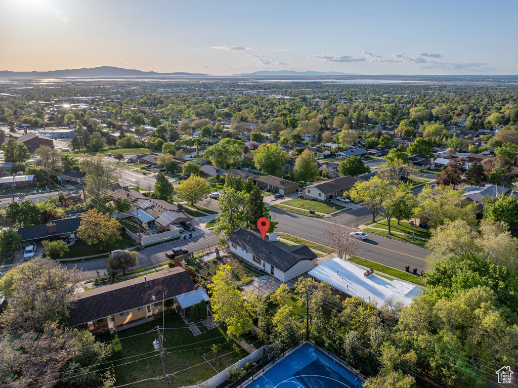 Aerial view at dusk with a mountain view