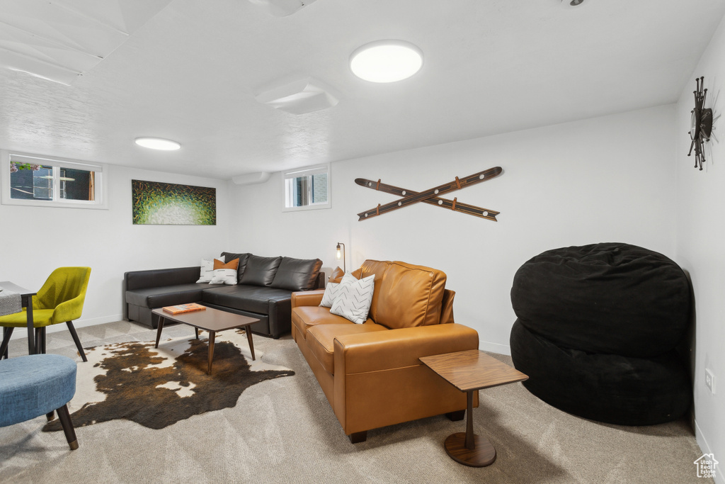 Living area featuring baseboards and light carpet