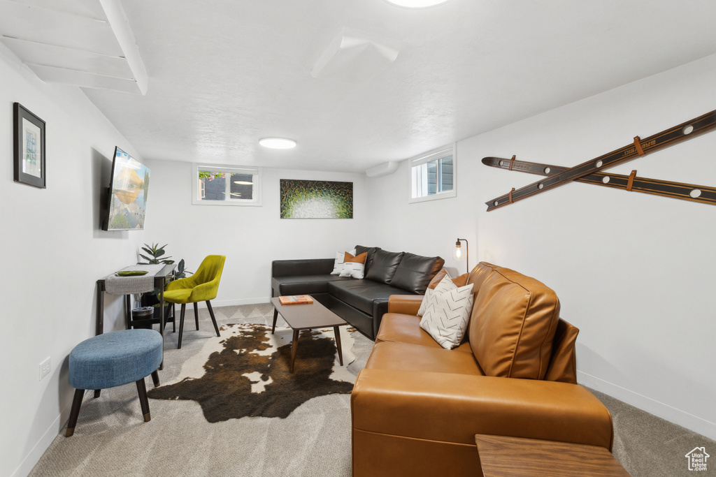 Carpeted living area with baseboards