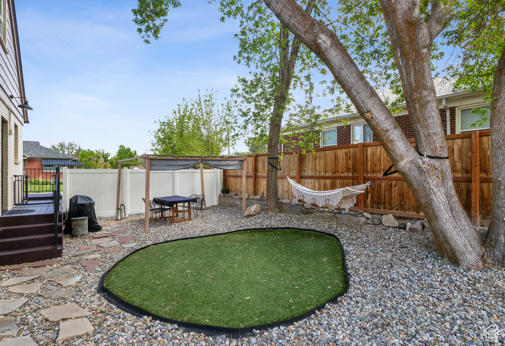 View of yard featuring a patio and a fenced backyard