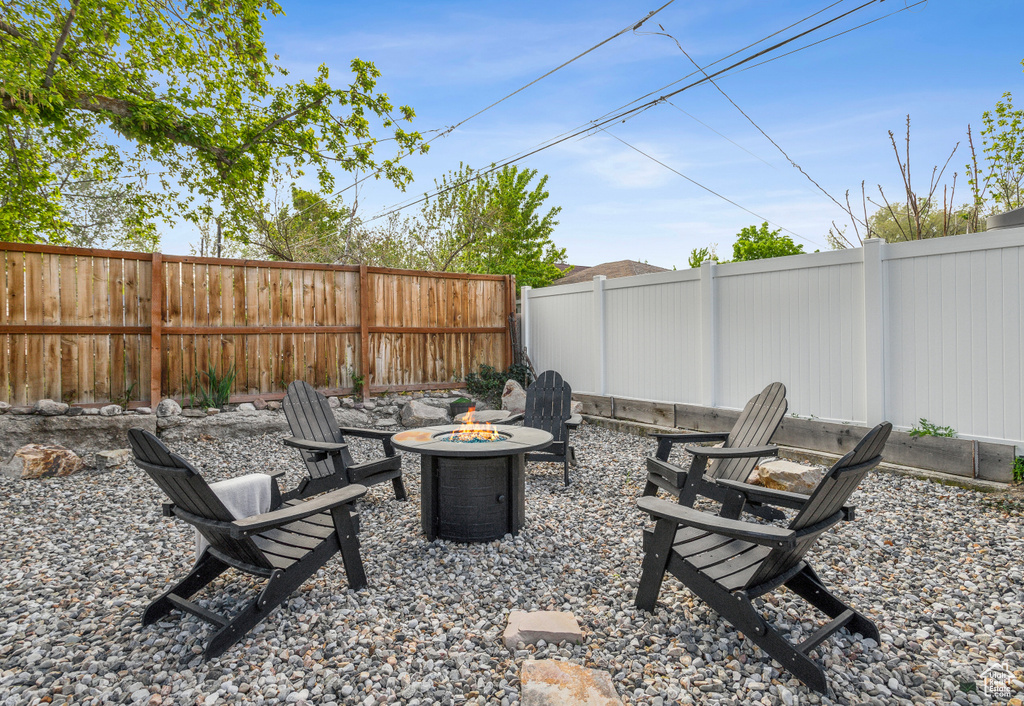 View of patio featuring a fenced backyard and an outdoor fire pit