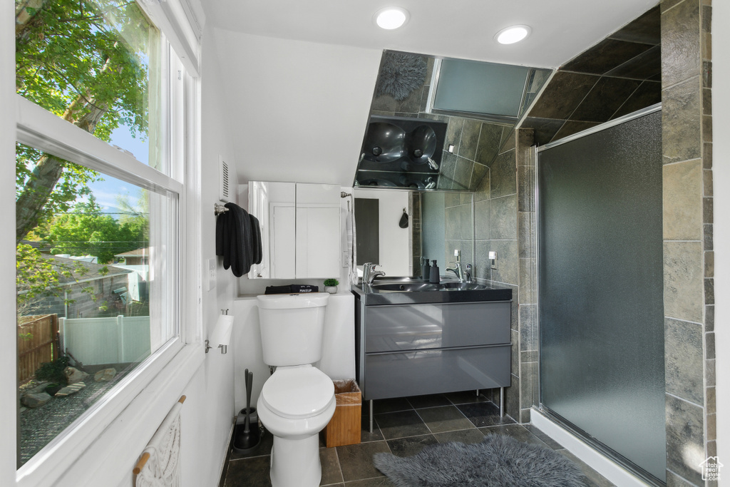 Bathroom with vanity, visible vents, toilet, recessed lighting, and a shower stall