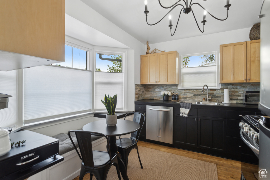 Kitchen featuring light brown cabinetry, stainless steel appliances, a healthy amount of sunlight, and light wood-style flooring