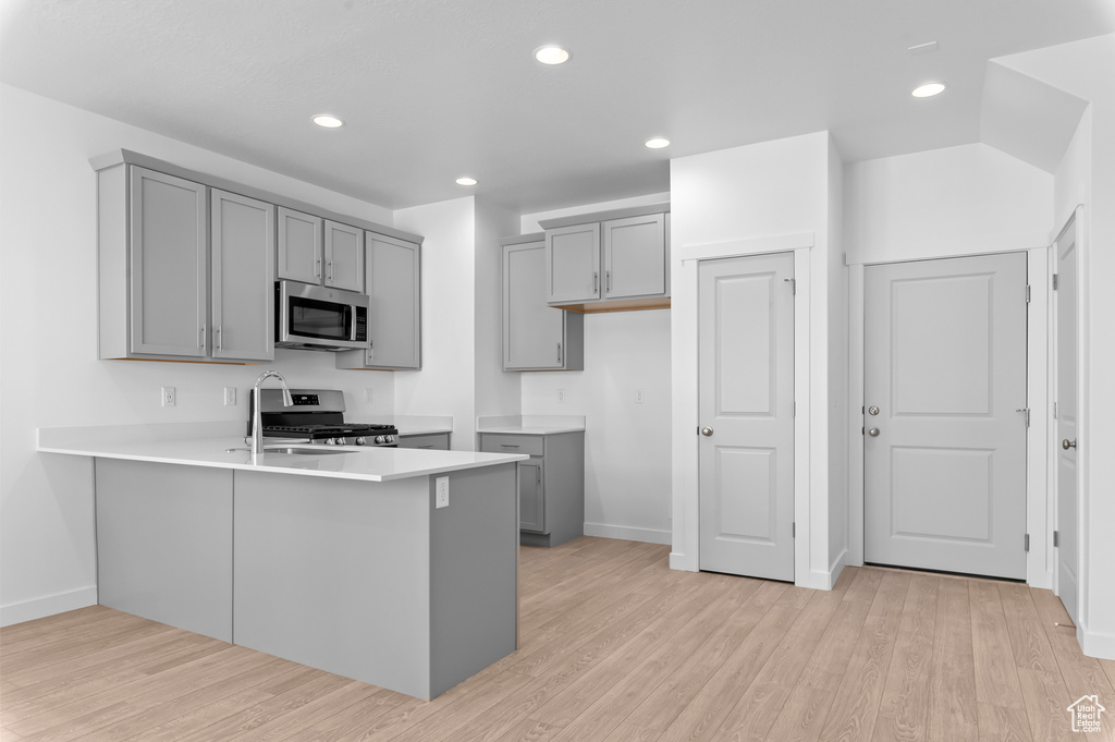 Kitchen featuring gray cabinets, a peninsula, and stainless steel appliances