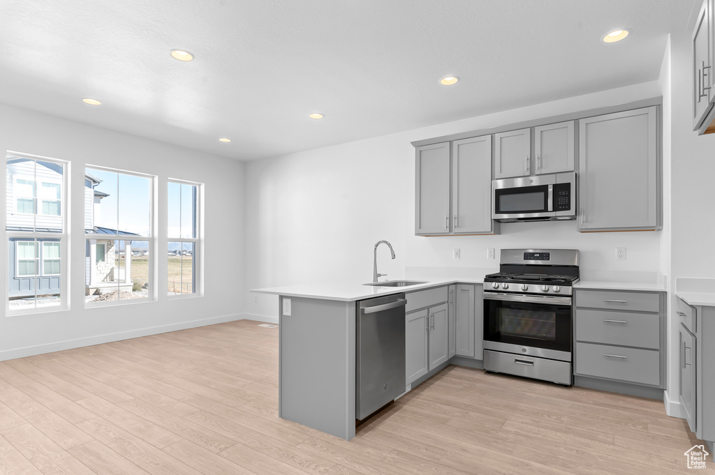 Kitchen featuring a sink, light wood finished floors, gray cabinets, stainless steel appliances, and a peninsula
