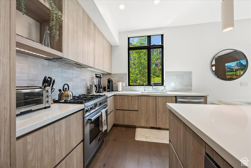 Kitchen with dark wood-style flooring, modern cabinets, a sink, light countertops, and stainless steel appliances