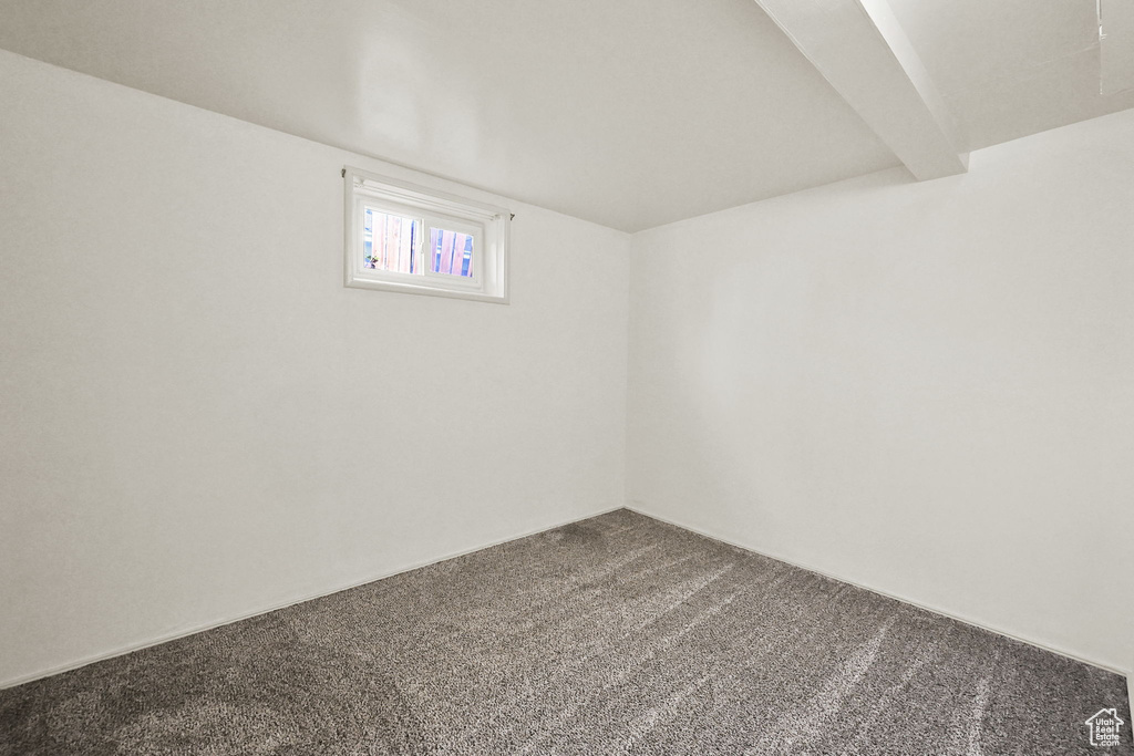 Basement with dark colored carpet