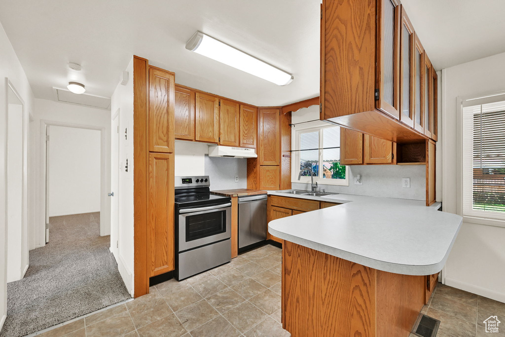 Kitchen with appliances with stainless steel finishes, a sink, light countertops, a peninsula, and under cabinet range hood