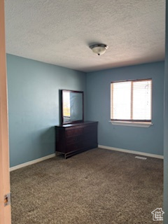 Unfurnished bedroom with carpet floors, a textured ceiling, and baseboards