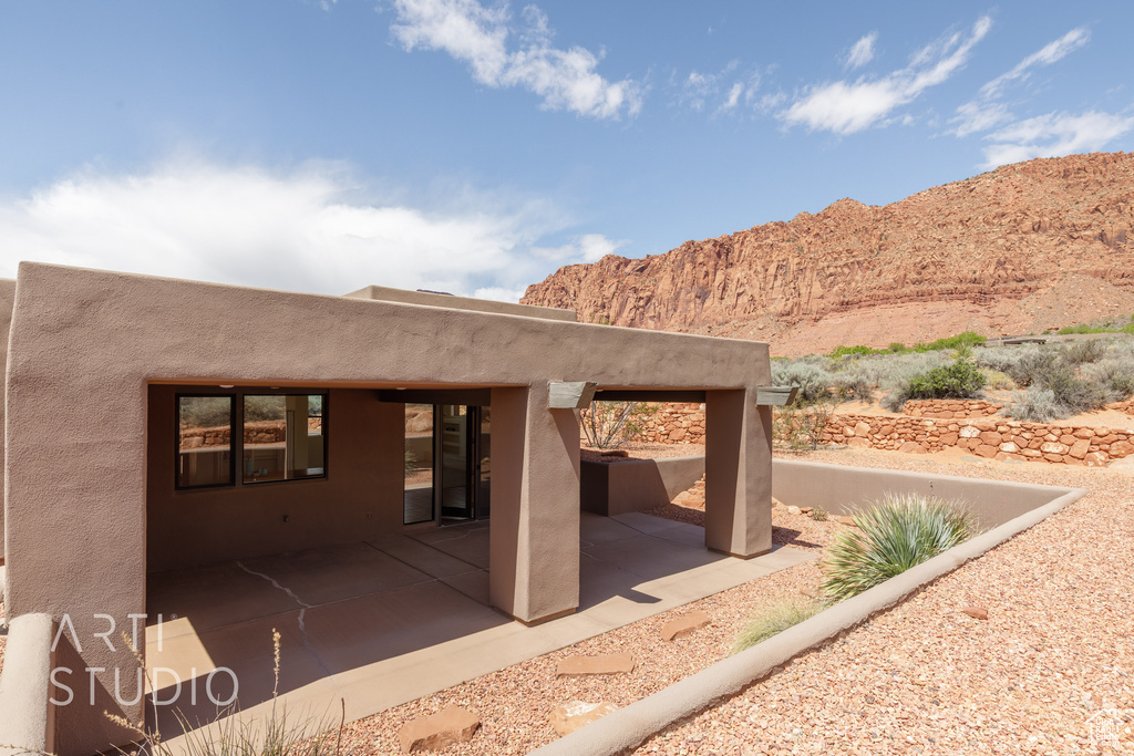 View of patio featuring a mountain view