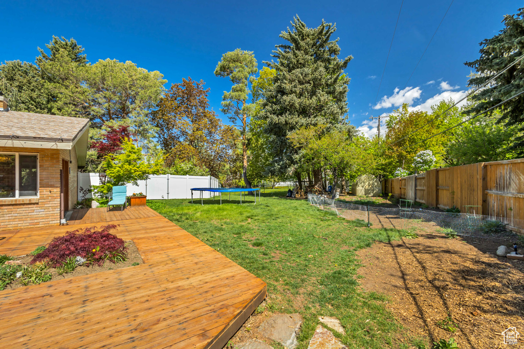 View of yard featuring a deck, a fenced backyard, and a trampoline