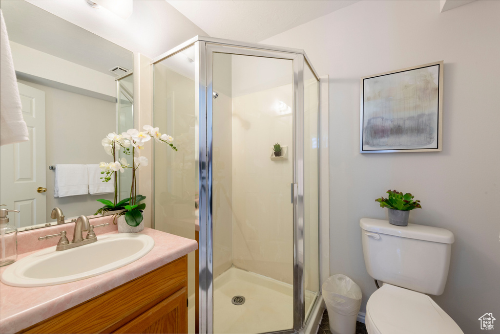 Full bathroom featuring vanity, a shower stall, and toilet