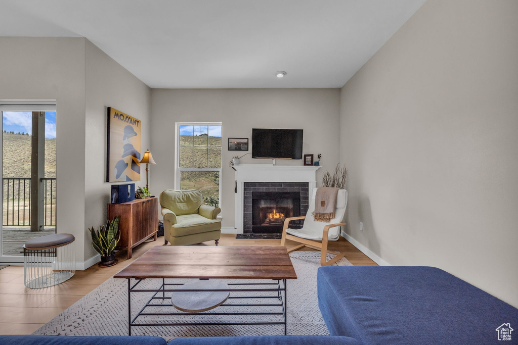 Living area featuring baseboards, wood finished floors, and a fireplace