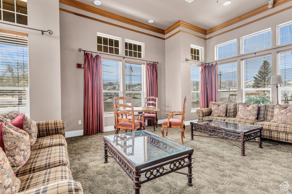 Carpeted living area featuring crown molding, plenty of natural light, and a towering ceiling