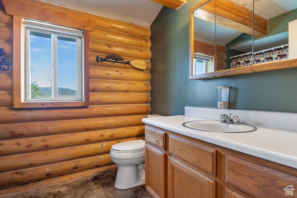 Bathroom featuring vanity, log walls, a wealth of natural light, and toilet