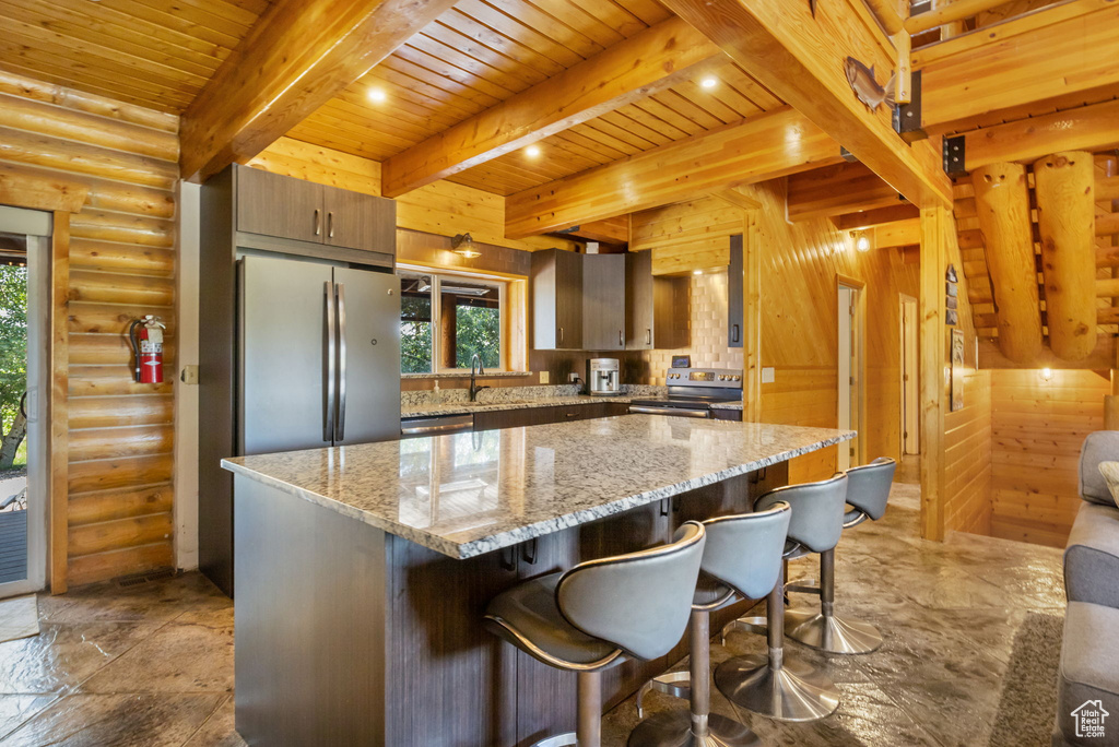 Kitchen with log walls, wood ceiling, stainless steel appliances, and beamed ceiling