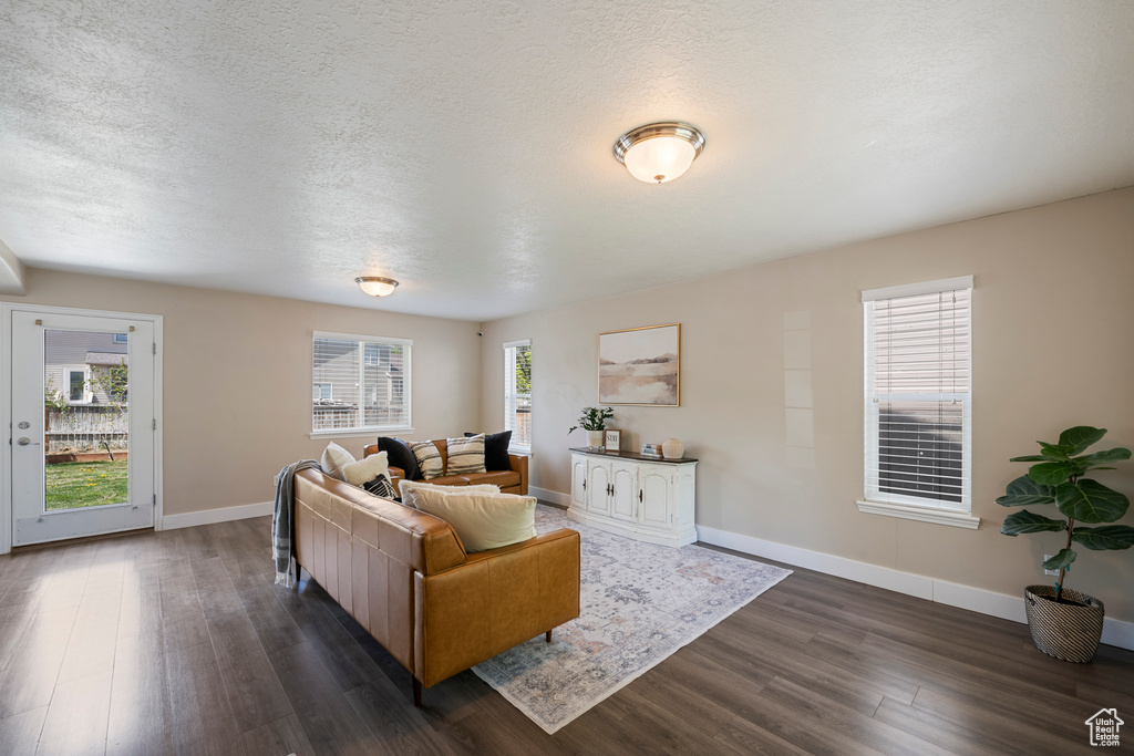 Living room featuring dark wood-type flooring, a textured ceiling, and baseboards