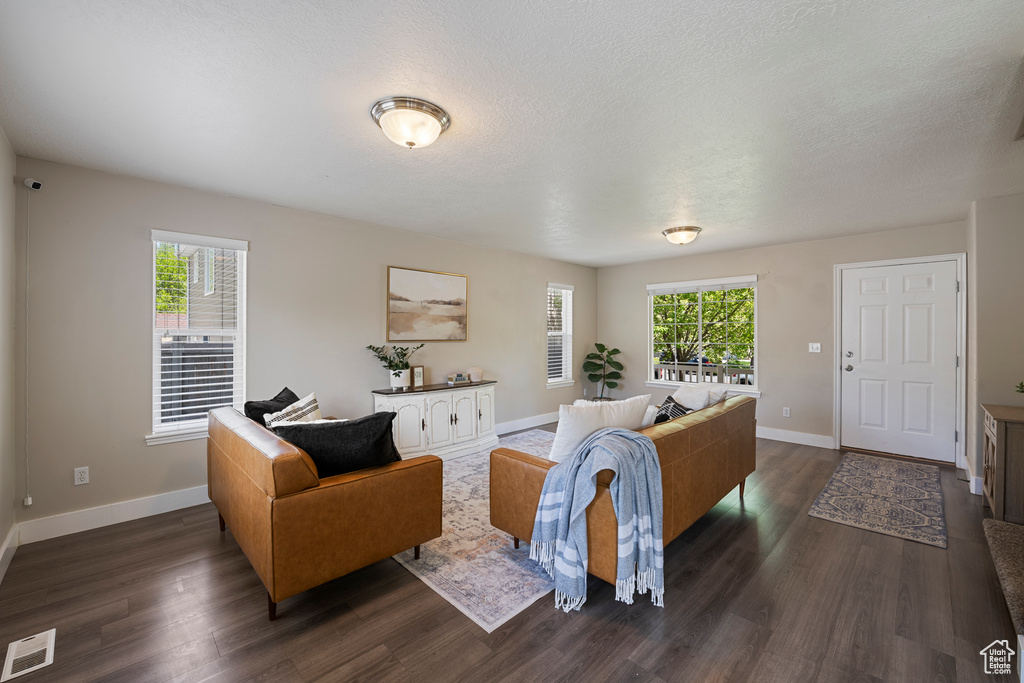 Living room with baseboards, dark wood-type flooring, a textured ceiling, and visible vents