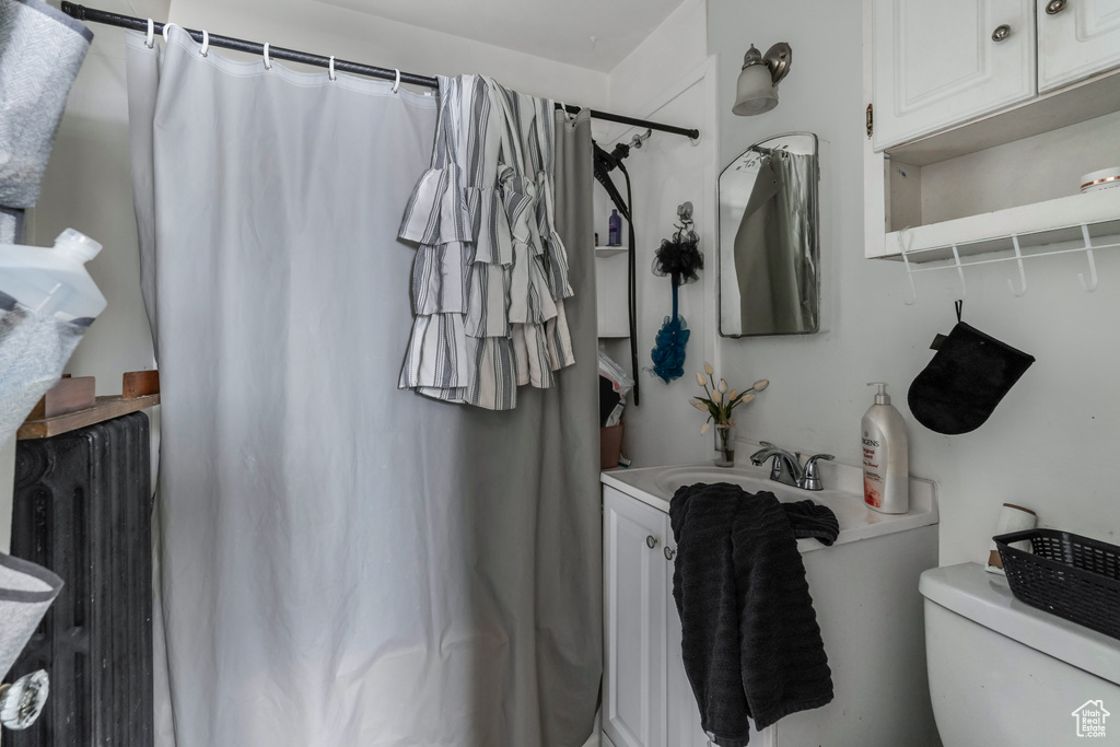 Bathroom featuring vanity, radiator, a shower with shower curtain, and toilet
