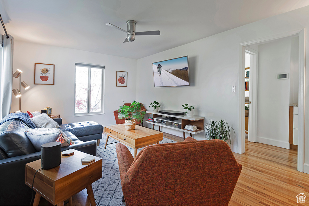 Living room featuring baseboards, ceiling fan, and light wood-type flooring