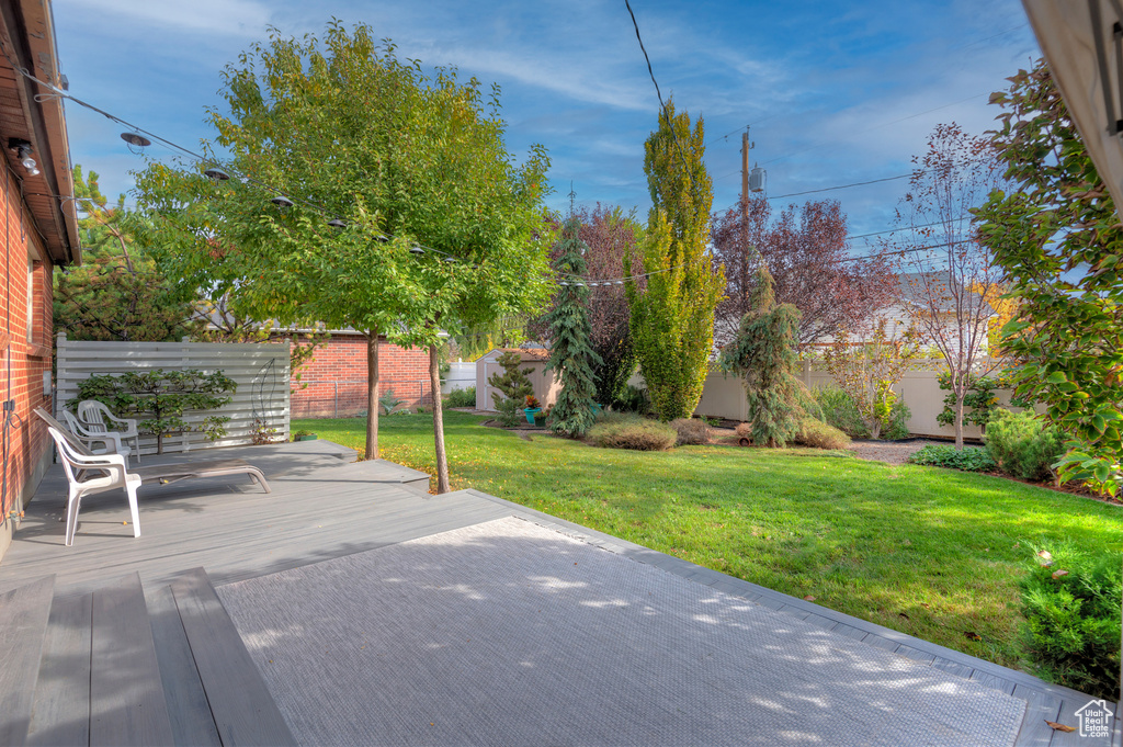 View of patio with a fenced backyard and a wooden deck