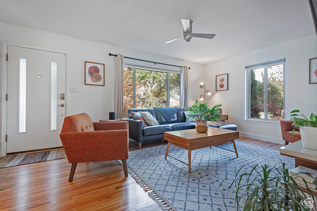 Living room featuring light wood-type flooring, baseboards, and ceiling fan