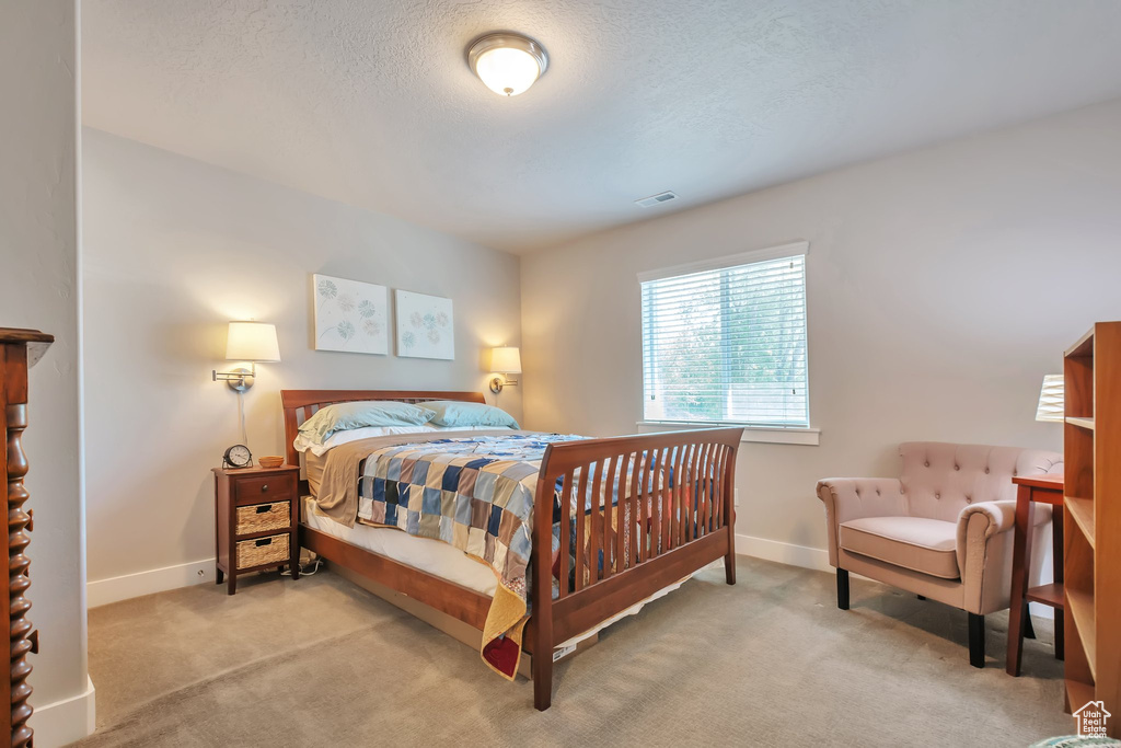 Carpeted bedroom featuring visible vents, a textured ceiling, and baseboards
