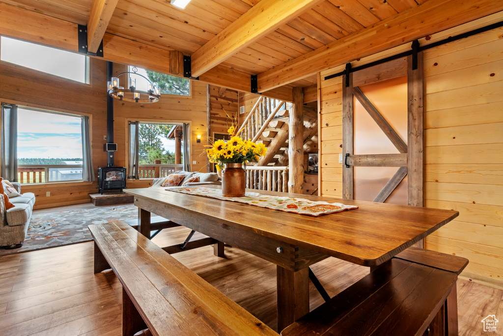 Dining room featuring a wood stove, wood walls, wooden ceiling, beamed ceiling, and stairway