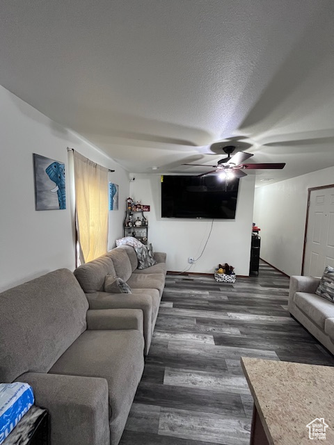 Living room featuring ceiling fan and wood finished floors