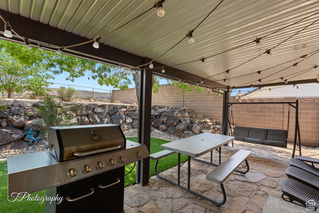 View of patio featuring a fenced backyard
