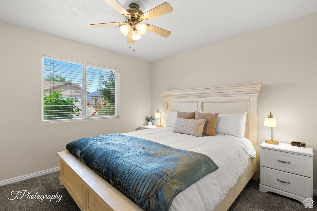 Bedroom featuring a ceiling fan, baseboards, and dark colored carpet