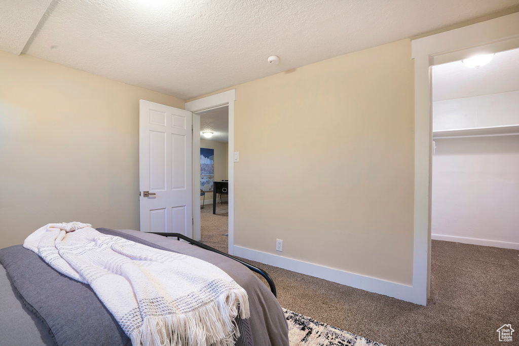 Bedroom with baseboards, carpet flooring, a walk in closet, and a closet