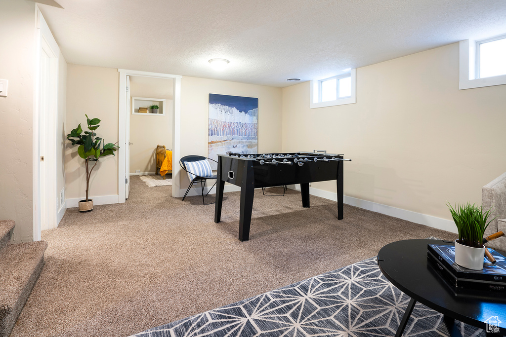 Playroom featuring plenty of natural light, carpet, and a textured ceiling